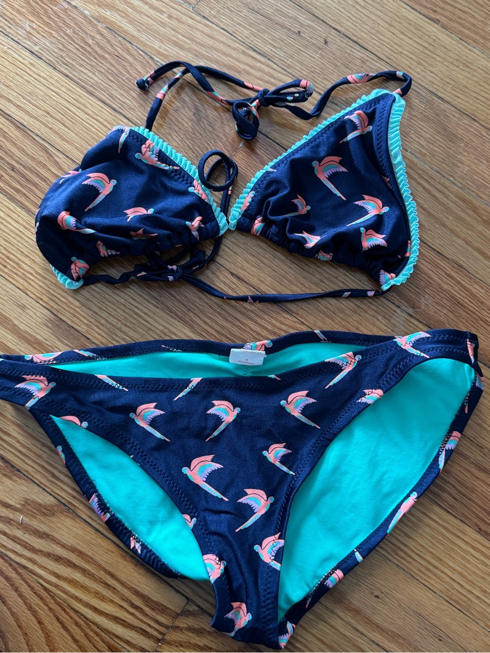 Xhilaration Navy Bikini Set with Teal Trim and Pink Bird Print Size medium